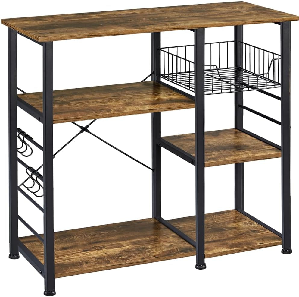 Yaheetech 4-Tier Kitchen Baker'S Rack, Coffee Bar Microwave Stand Cart with Wire Basket & 6 Side Hooks, Kitchen Organizer Shelf for Spices/Utensils Foods, Rustic Brown