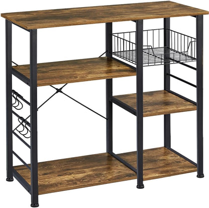 Yaheetech 4-Tier Kitchen Baker'S Rack, Coffee Bar Microwave Stand Cart with Wire Basket & 6 Side Hooks, Kitchen Organizer Shelf for Spices/Utensils Foods, Rustic Brown