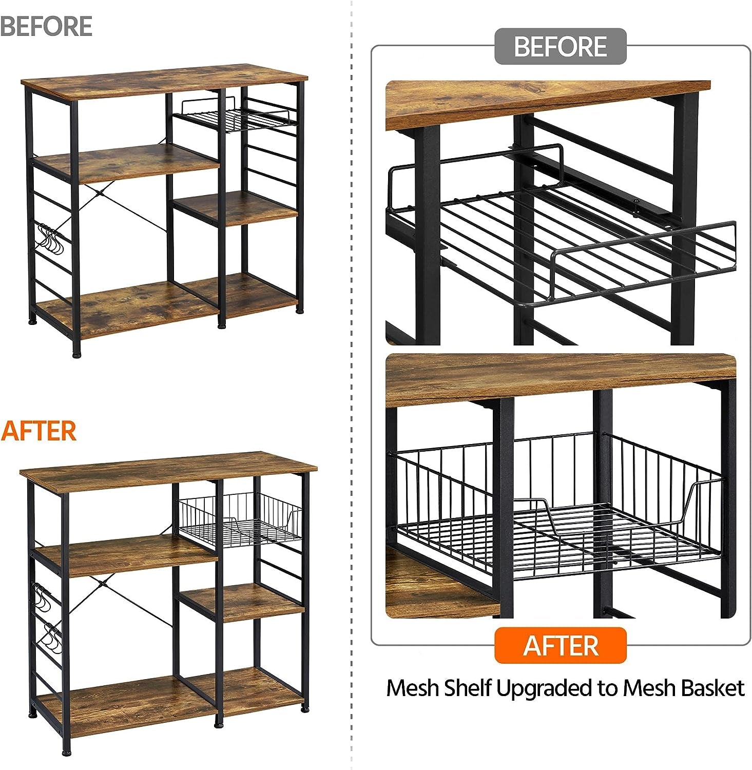 Yaheetech 4-Tier Kitchen Baker'S Rack, Coffee Bar Microwave Stand Cart with Wire Basket & 6 Side Hooks, Kitchen Organizer Shelf for Spices/Utensils Foods, Rustic Brown