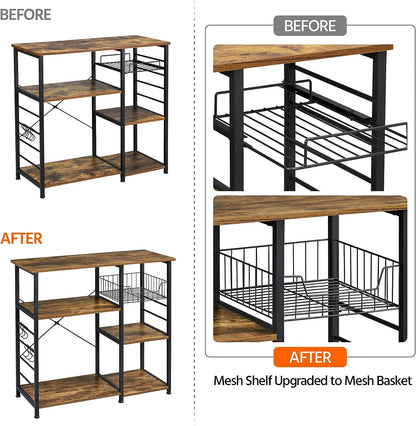 Yaheetech 4-Tier Kitchen Baker'S Rack, Coffee Bar Microwave Stand Cart with Wire Basket & 6 Side Hooks, Kitchen Organizer Shelf for Spices/Utensils Foods, Rustic Brown